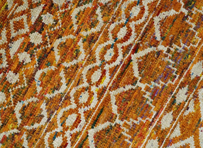 9x12 Hand Knotted Gold and White Modern Contemporary Southwestern Tribal Trellis Recycled Silk Area Rug.