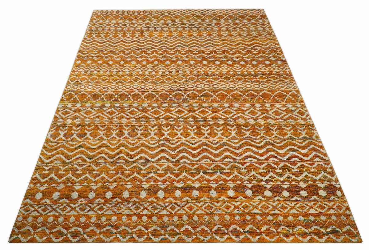 9x12 Hand Knotted Gold and White Modern Contemporary Southwestern Tribal Trellis Recycled Silk Area Rug.