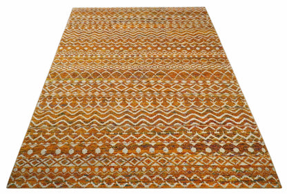 9x12 Hand Knotted Gold and White Modern Contemporary Southwestern Tribal Trellis Recycled Silk Area Rug.