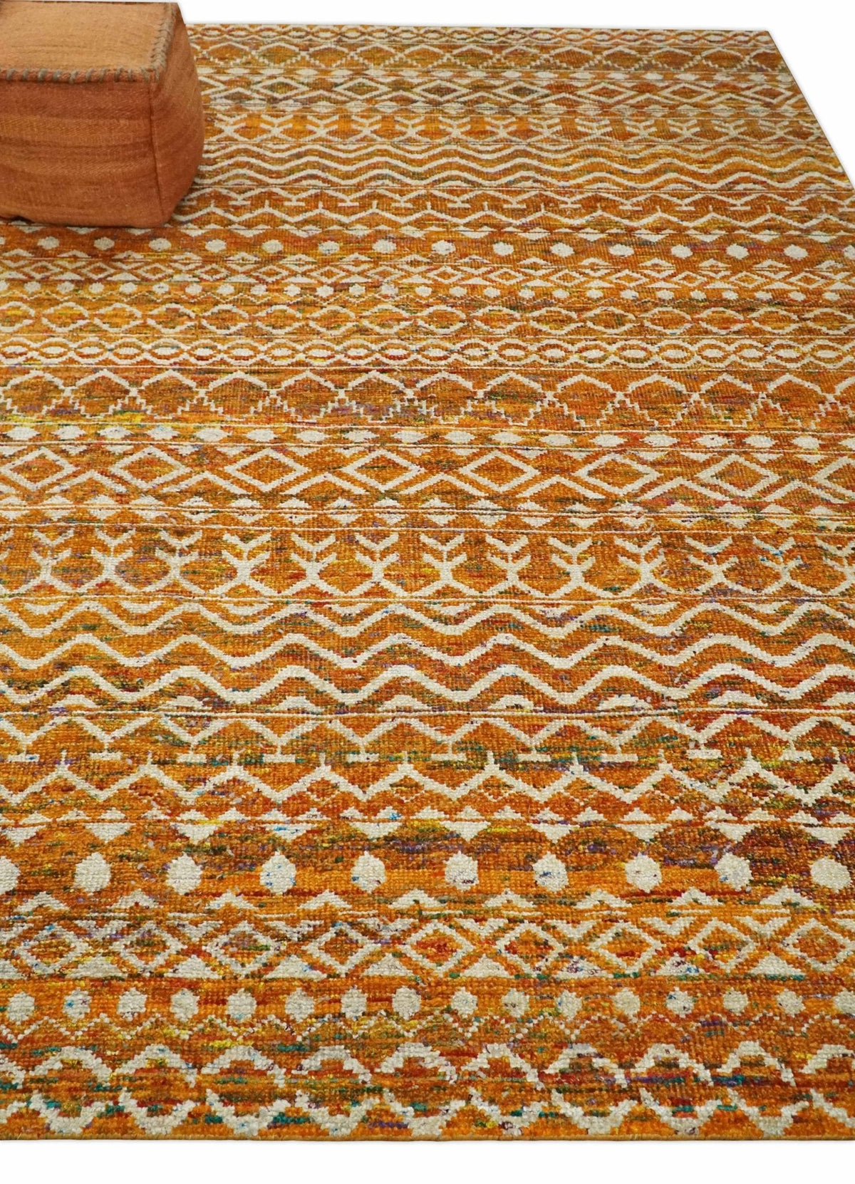 9x12 Hand Knotted Gold and White Modern Contemporary Southwestern Tribal Trellis Recycled Silk Area Rug.
