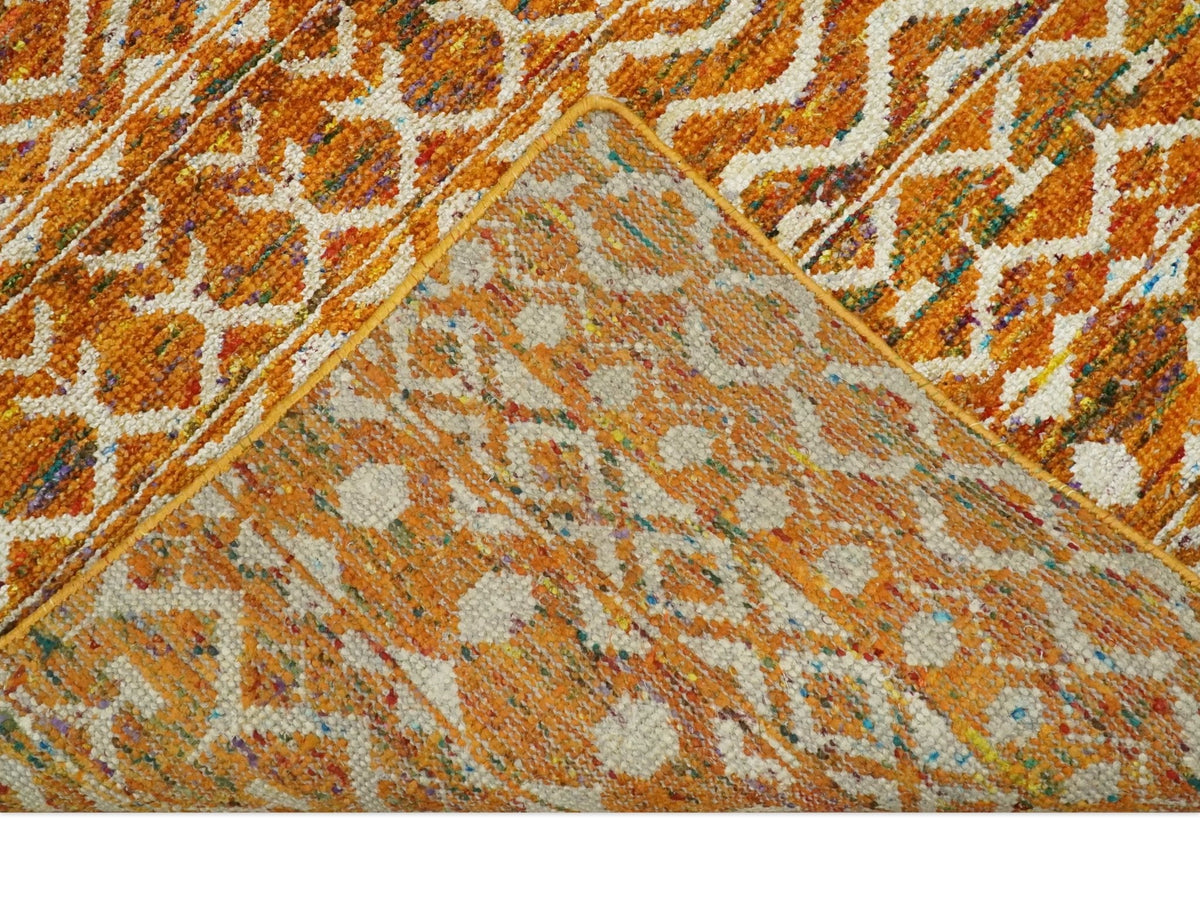 9x12 Hand Knotted Gold and White Modern Contemporary Southwestern Tribal Trellis Recycled Silk Area Rug.