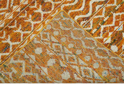 9x12 Hand Knotted Gold and White Modern Contemporary Southwestern Tribal Trellis Recycled Silk Area Rug.