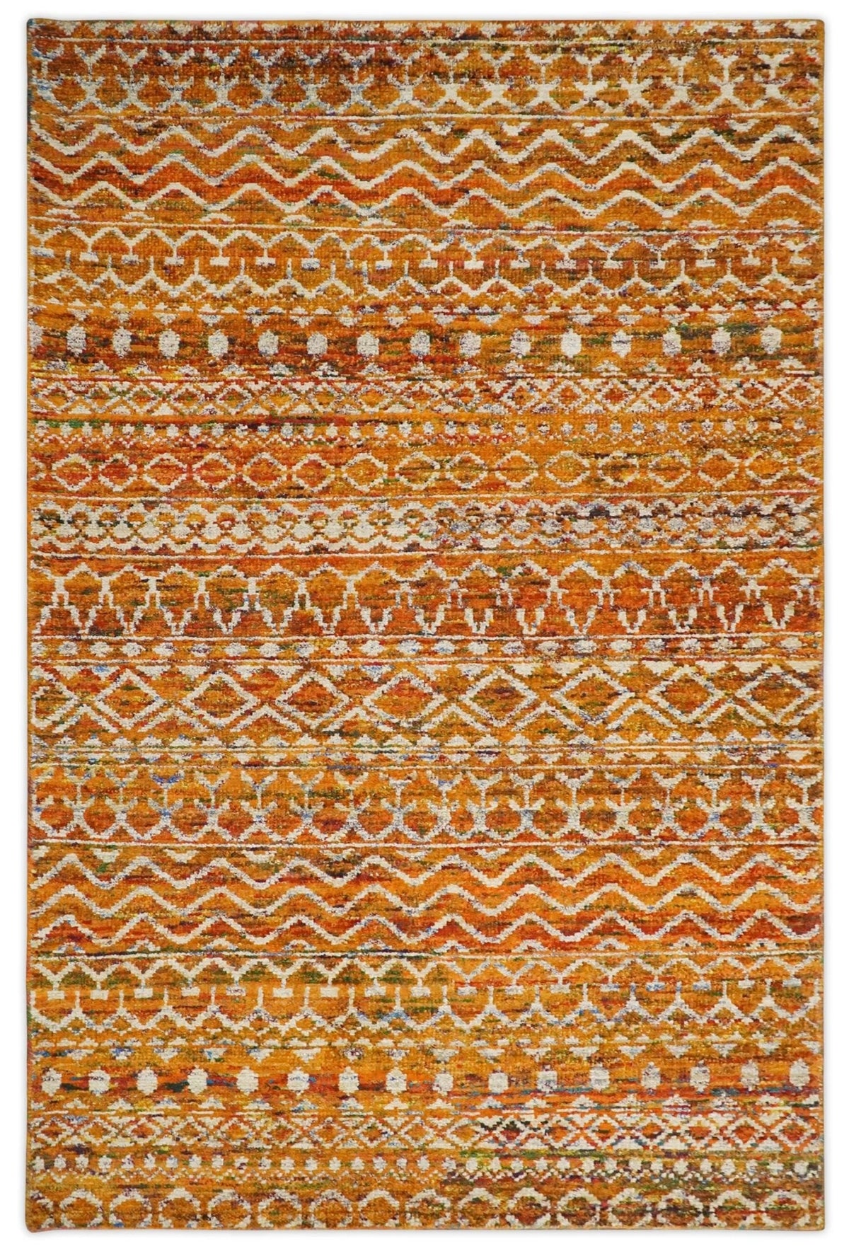 9x12 Hand Knotted Gold and White Modern Contemporary Southwestern Tribal Trellis Recycled Silk Area Rug.