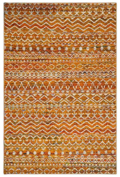 9x12 Hand Knotted Gold and White Modern Contemporary Southwestern Tribal Trellis Recycled Silk Area Rug.