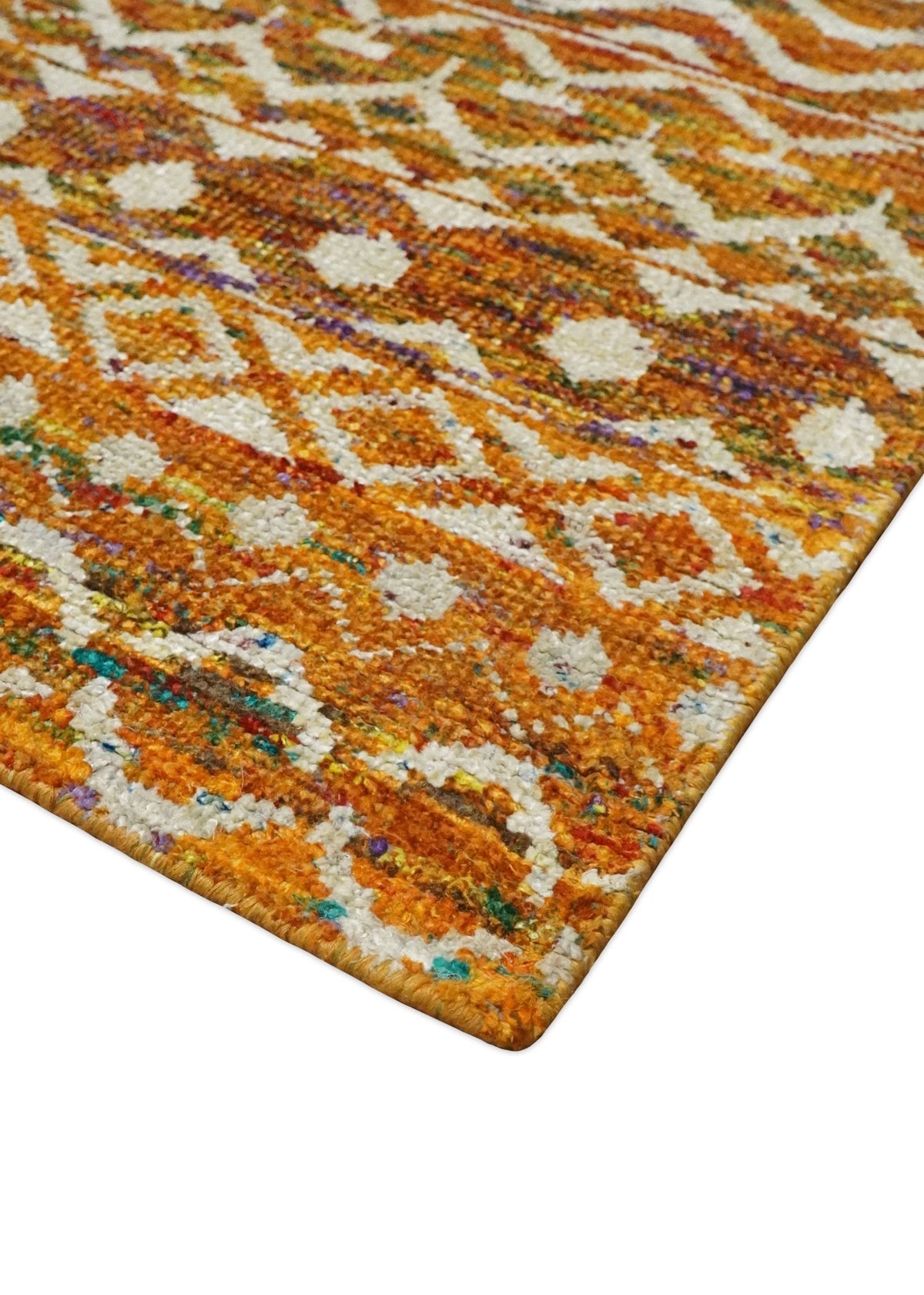 9x12 Hand Knotted Gold and White Modern Contemporary Southwestern Tribal Trellis Recycled Silk Area Rug.