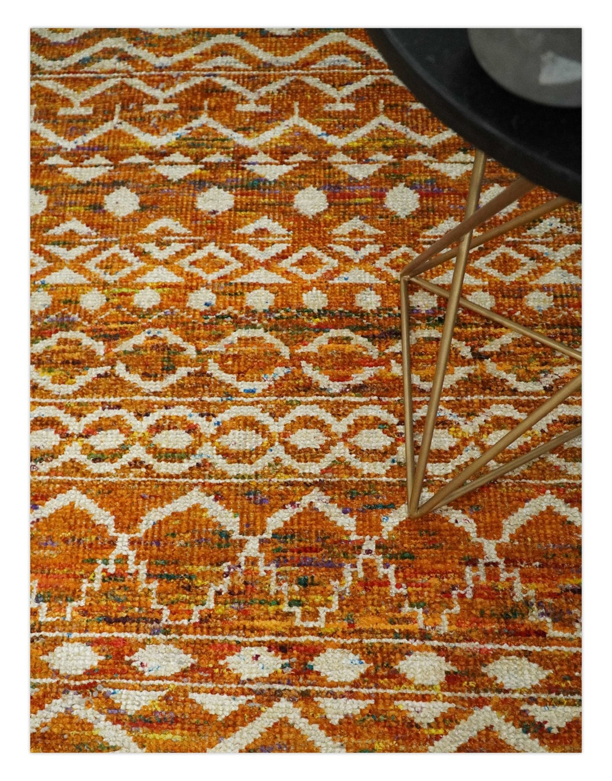 9x12 Hand Knotted Gold and White Modern Contemporary Southwestern Tribal Trellis Recycled Silk Area Rug.