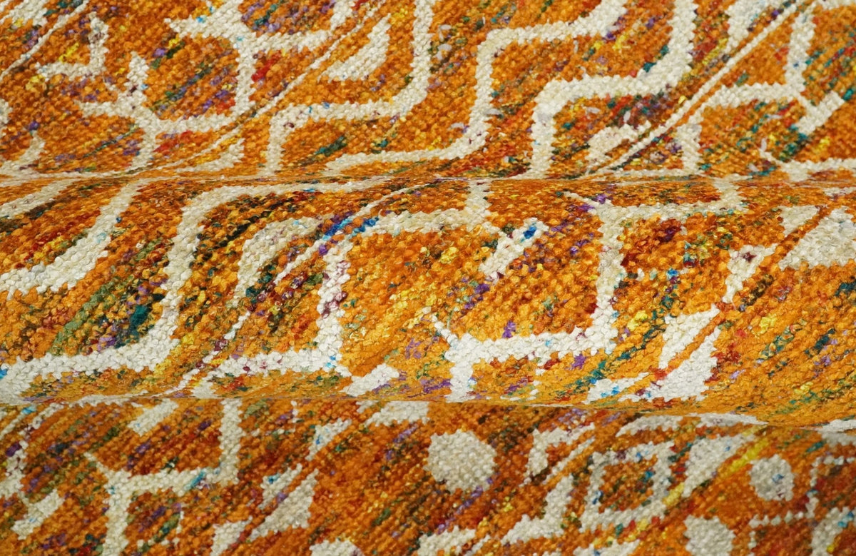 9x12 Hand Knotted Gold and White Modern Contemporary Southwestern Tribal Trellis Recycled Silk Area Rug.