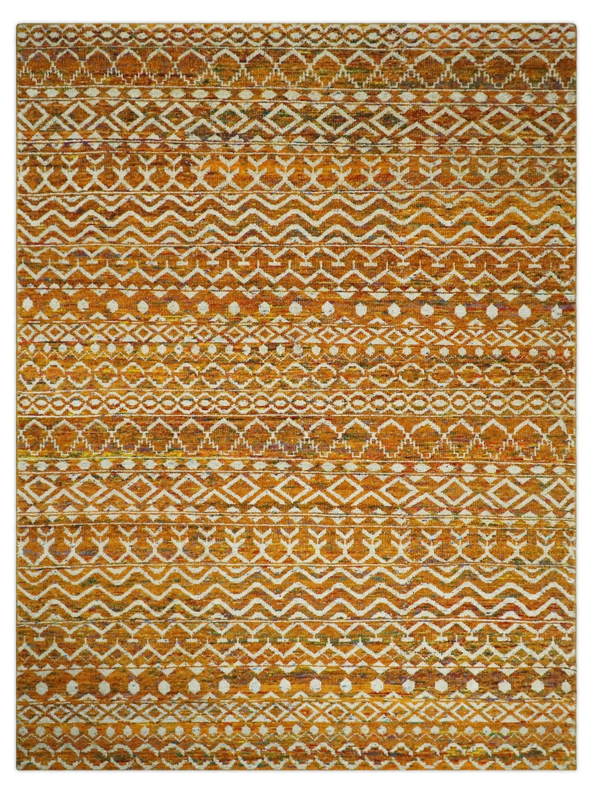 9x12 Hand Knotted Gold and White Modern Contemporary Southwestern Tribal Trellis Recycled Silk Area Rug.