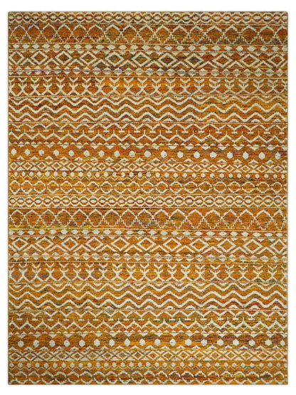9x12 Hand Knotted Gold and White Modern Contemporary Southwestern Tribal Trellis Recycled Silk Area Rug.
