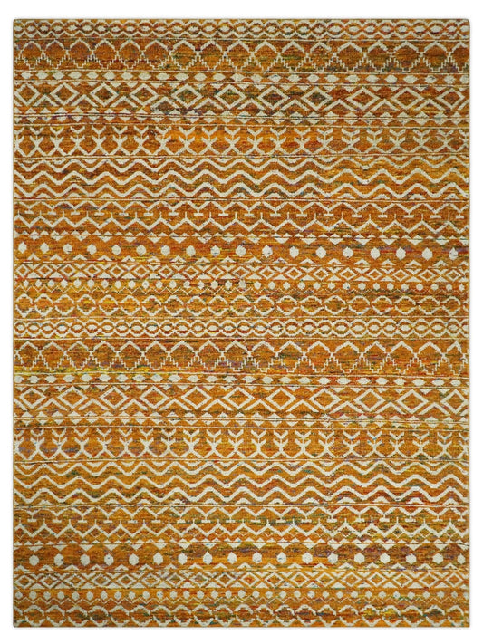 9x12 Hand Knotted Gold and White Modern Contemporary Southwestern Tribal Trellis Recycled Silk Area Rug.