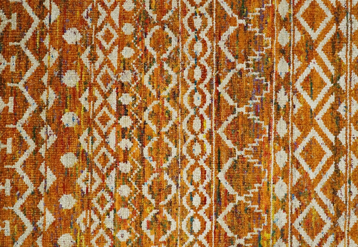 9x12 Hand Knotted Gold and White Modern Contemporary Southwestern Tribal Trellis Recycled Silk Area Rug.