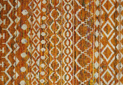9x12 Hand Knotted Gold and White Modern Contemporary Southwestern Tribal Trellis Recycled Silk Area Rug.