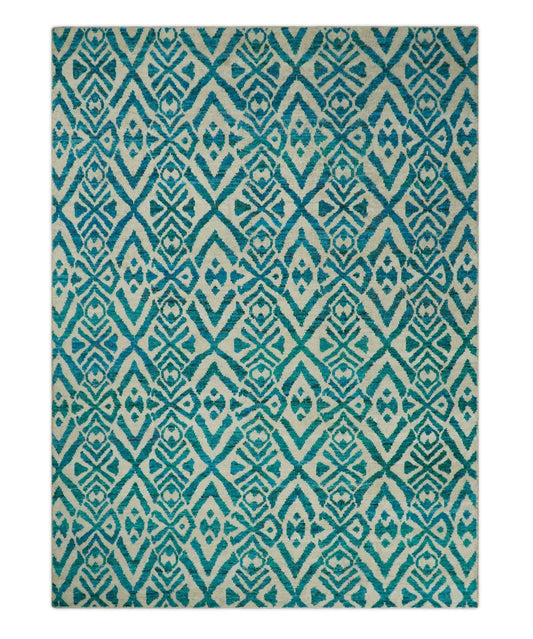 Hand Knotted Ivory and Blue Modern Contemporary Southwestern Tribal Trellis Recycled Silk Area Rug.