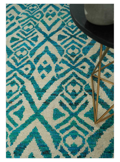 Hand Knotted Ivory and Blue Modern Contemporary Southwestern Tribal Trellis Recycled Silk Area Rug.