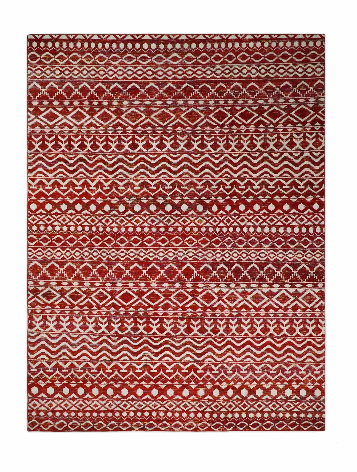 4x6 and 9x12 Hand Knotted Rust and White Modern Contemporary Southwestern Tribal Trellis Recycled Silk Area Rug | OP7.