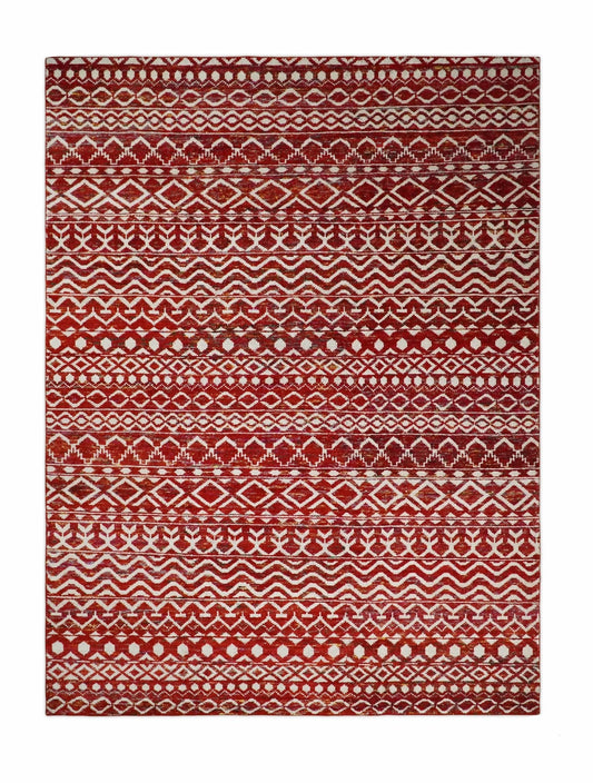4x6 and 9x12 Hand Knotted Rust and White Modern Contemporary Southwestern Tribal Trellis Recycled Silk Area Rug | OP7.