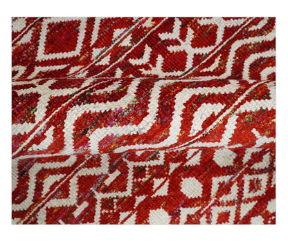 4x6 and 9x12 Hand Knotted Rust and White Modern Contemporary Southwestern Tribal Trellis Recycled Silk Area Rug | OP7.