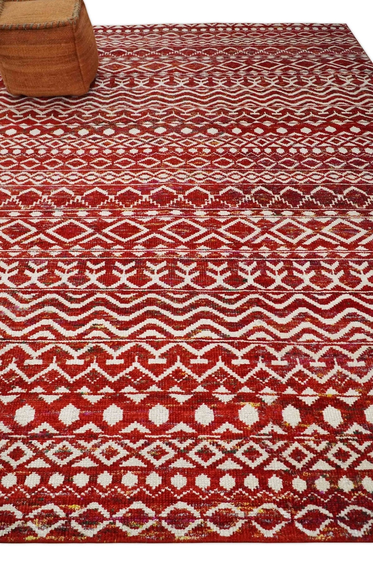 4x6 and 9x12 Hand Knotted Rust and White Modern Contemporary Southwestern Tribal Trellis Recycled Silk Area Rug | OP7.