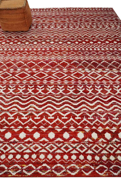 4x6 and 9x12 Hand Knotted Rust and White Modern Contemporary Southwestern Tribal Trellis Recycled Silk Area Rug | OP7.