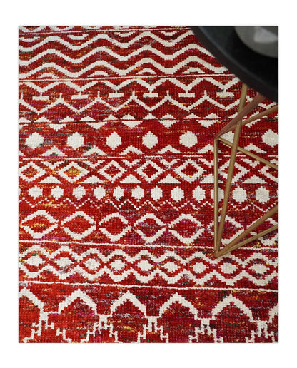 4x6 and 9x12 Hand Knotted Rust and White Modern Contemporary Southwestern Tribal Trellis Recycled Silk Area Rug | OP7.