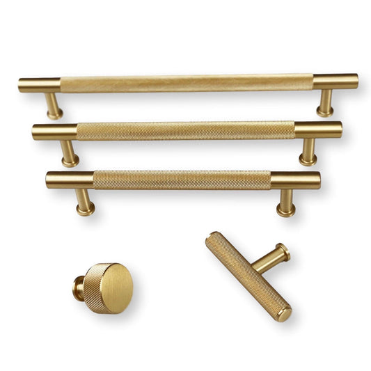 Brass Solid "Texture No.2" Knurled Drawer Pulls and Knobs in Satin Brass.