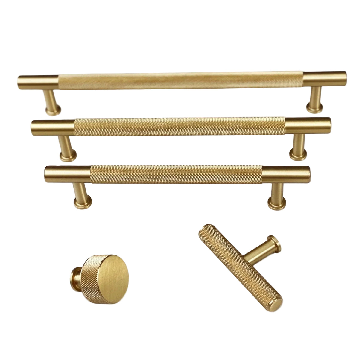 Brass Solid "Texture No.2" Knurled Drawer Pulls and Knobs in Satin Brass.