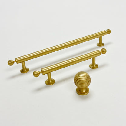 Satin Brass "Sweet" Beehive Cabinet Knob and Drawer Pulls.