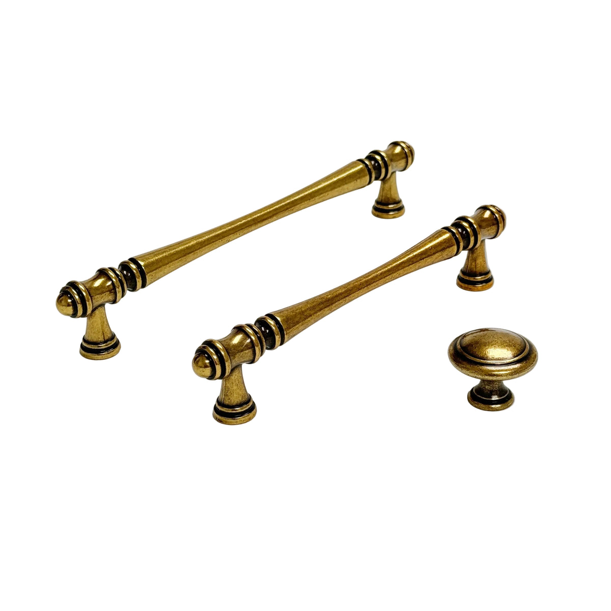 Traditional Antique Brass "Palermo" Drawer Knobs and Pulls.