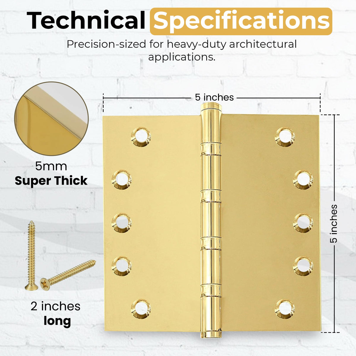 5x5 Inch Solid Brass Ball Bearing Entrance Door Hinge - Polished Brass (Super Heavy Duty 5MM).