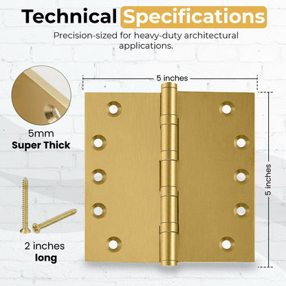 5x5 Inch Solid Brass Ball Bearing Entrance Door Hinge - Satin Brass (Super Heavy Duty 5MM).