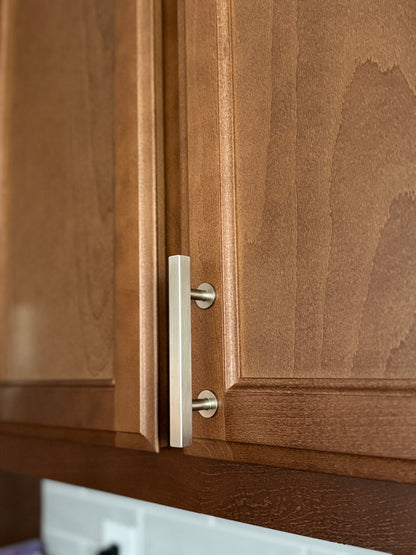 Lew's Square Bar Cabinet Knobs and Pulls in Brushed Nickel.
