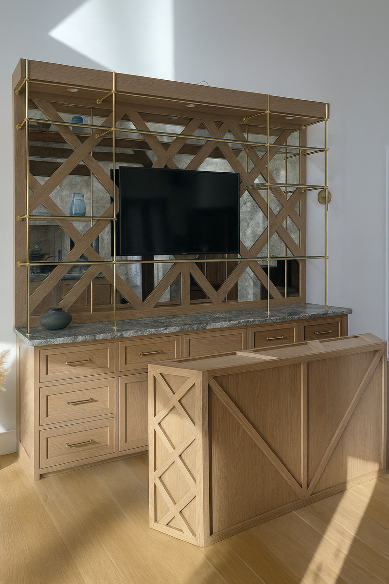 Wooden entertainment center with TV and storage drawers in a room.