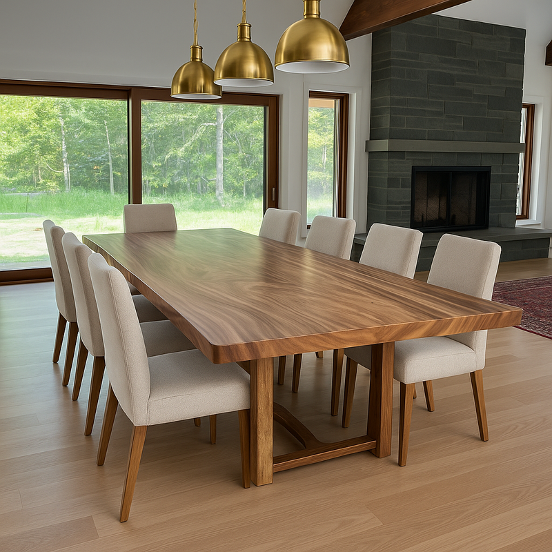 Dining room with wooden table and white chairs, gold pendant lights, and a fireplace.