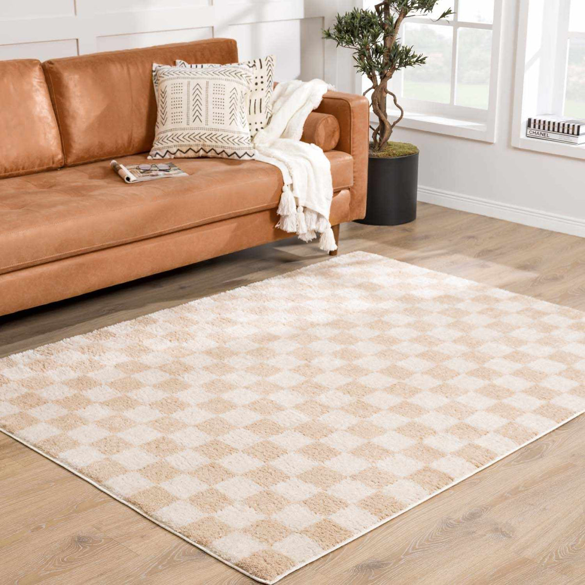 Canika Checkered Cream Washable Area Rug