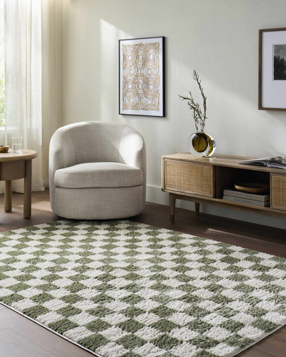 Canika Green Checkered Washable Plush Rug