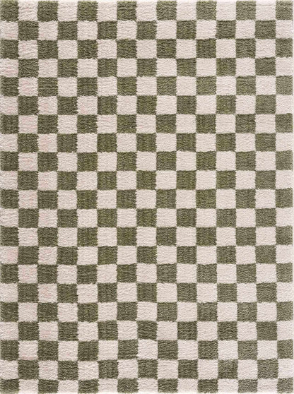 Canika Green Checkered Washable Plush Rug