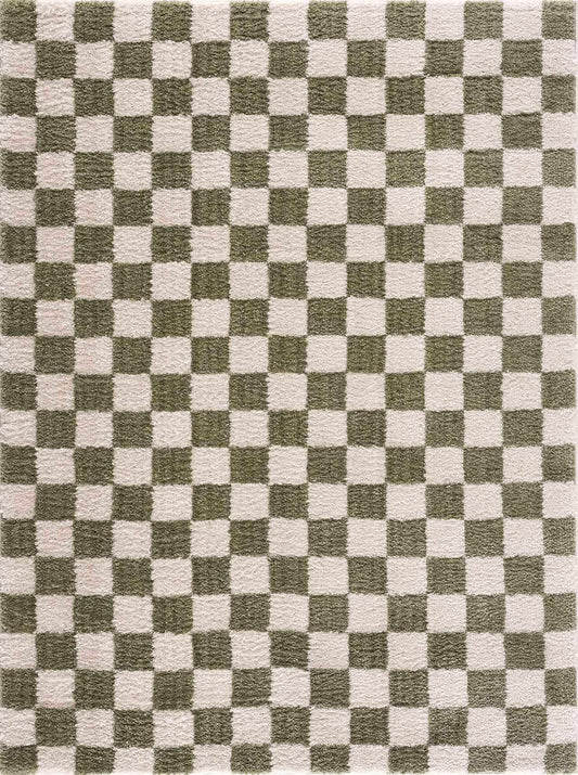 Canika Green Checkered Washable Plush Rug