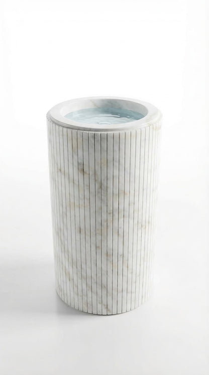 Cararra White Marble Designer Pedestal Stand-Alone Fluted Sink (W)18" (L)18" (H)33".
