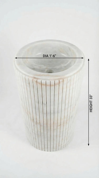 Cararra White Marble Designer Pedestal Stand-Alone Fluted Sink (W)18" (L)18" (H)33".