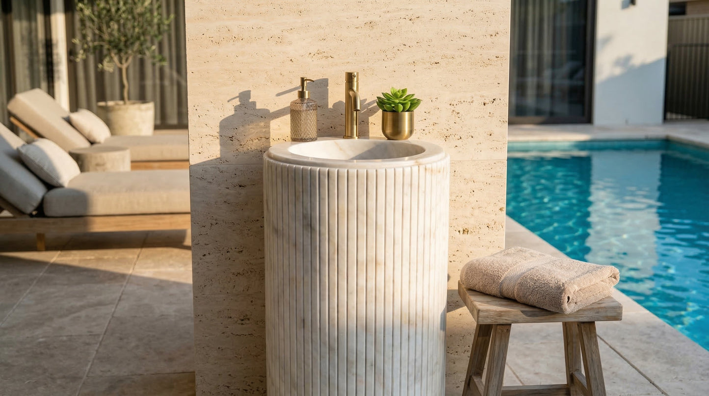 Cararra White Marble Designer Pedestal Stand-Alone Fluted Sink (W)18" (L)18" (H)33".