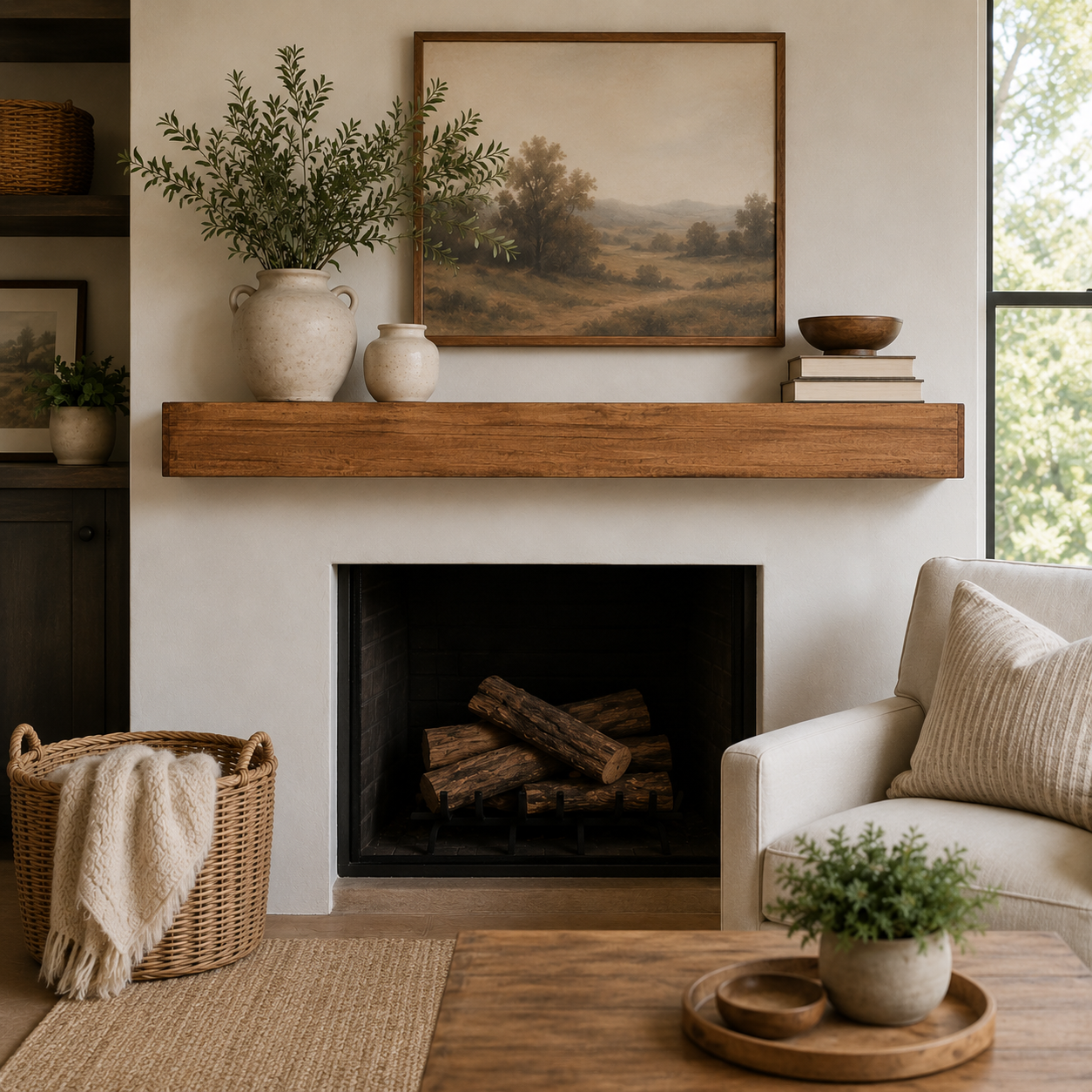 Farmhouse Poplar Wood Floating Fireplace Mantel.