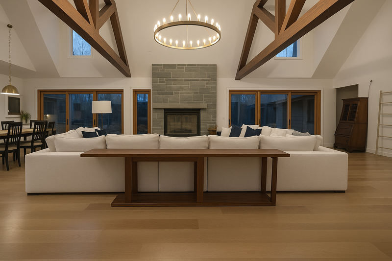Modern living room with white sofa, wooden coffee table, and large windows.