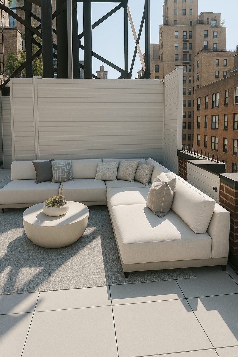 Modern outdoor patio with a sectional sofa and coffee table on a rooftop.
