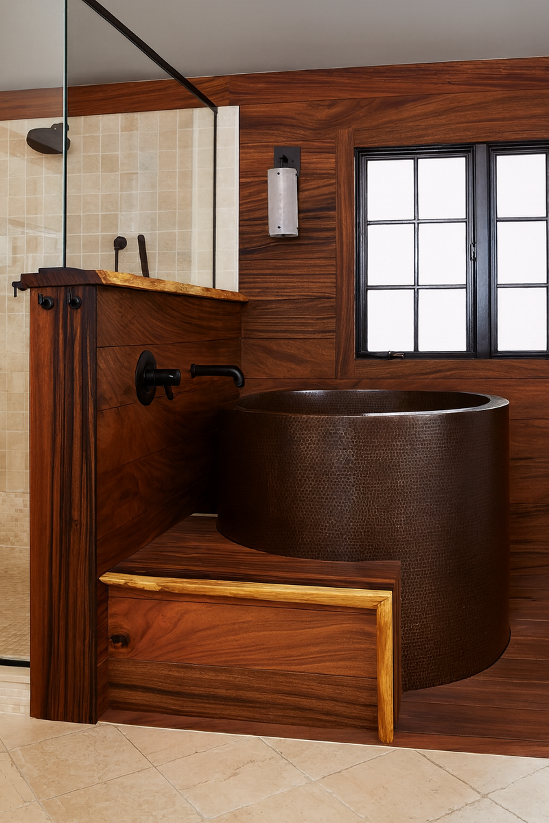Bathroom with a freestanding copper bathtub against a wooden wall.