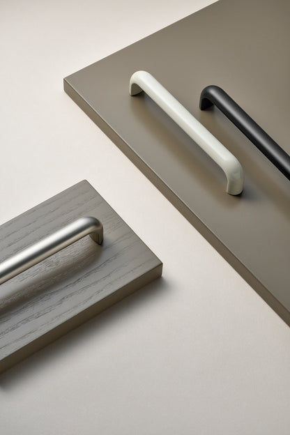 Satin Steel "Vibe" Cup Knob and Drawer Pull.