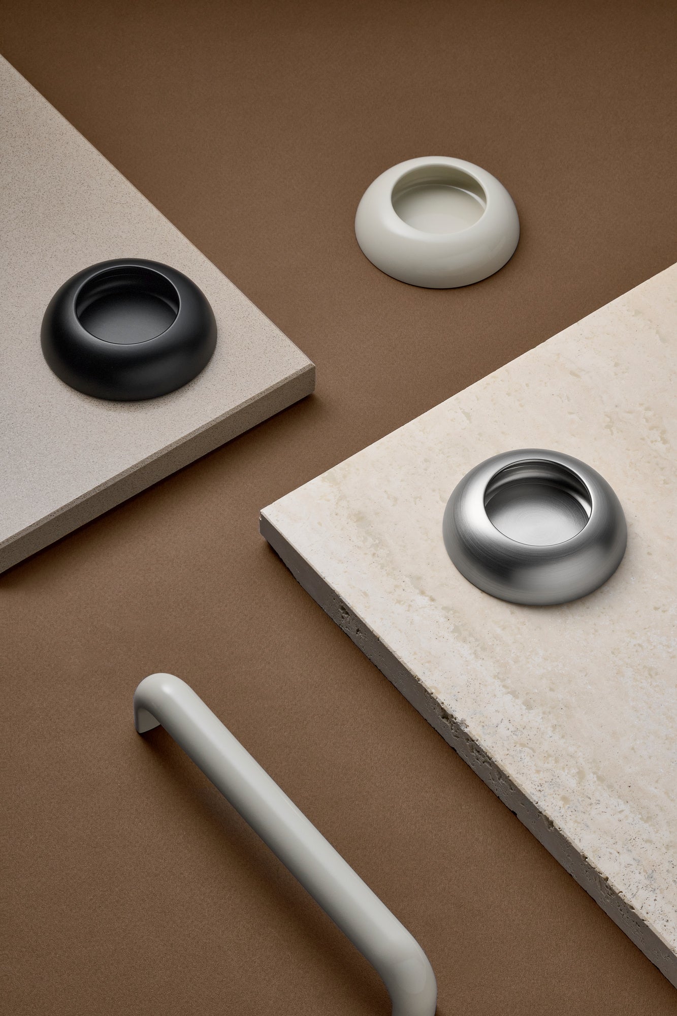 Satin Steel "Vibe" Cup Knob and Drawer Pull.
