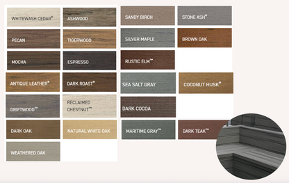 Color swatch chart for wood finishes with various names and a close-up of a wooden surface.