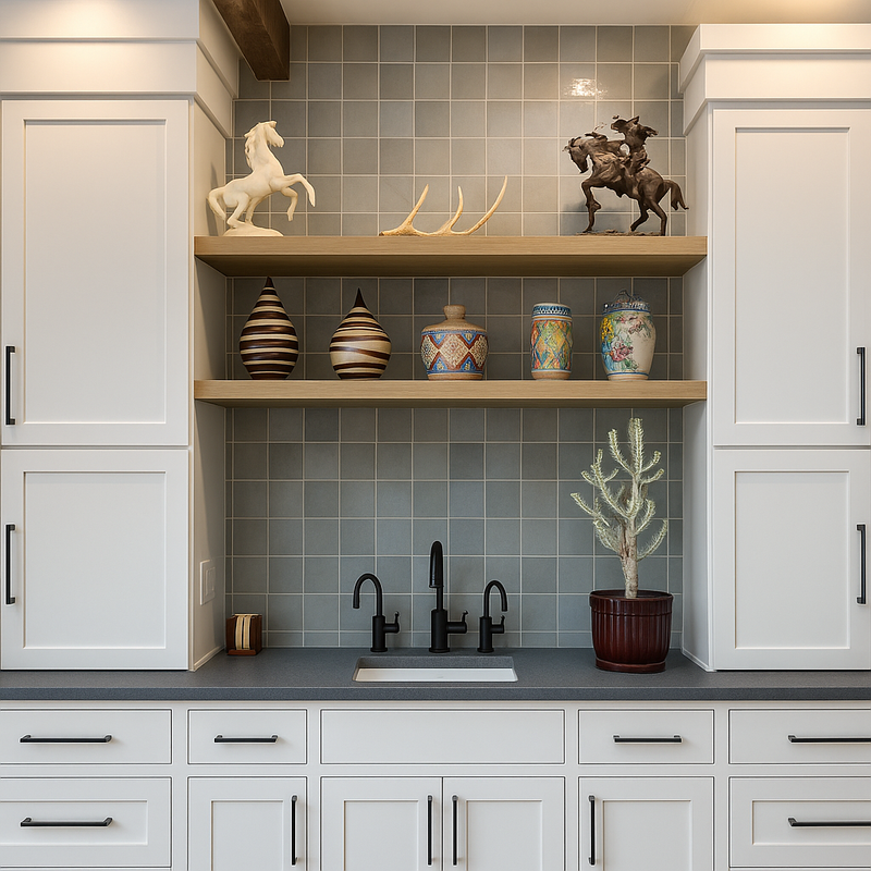 Modern kitchen with white cabinets, gray tiled backsplash, and decorative items on shelves.