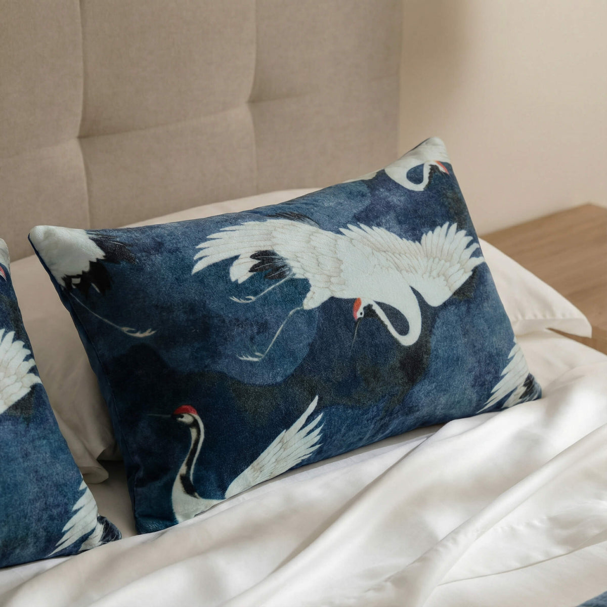 Velvet Crane in the Clouds Small Lumbar Pillow.