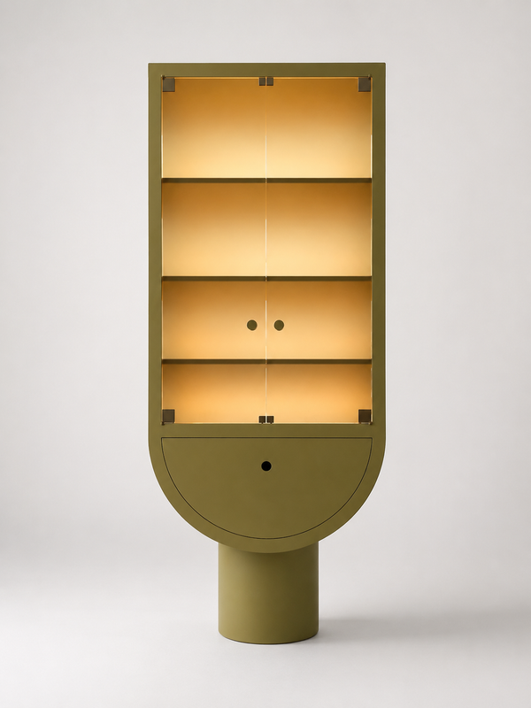 Minimalist olive display cabinet with glow